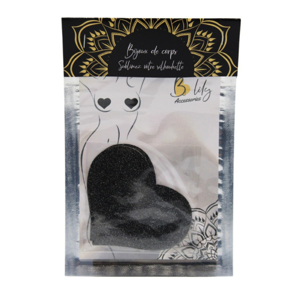 Paire de cache tétons adhésifs coeur pailleté noir 